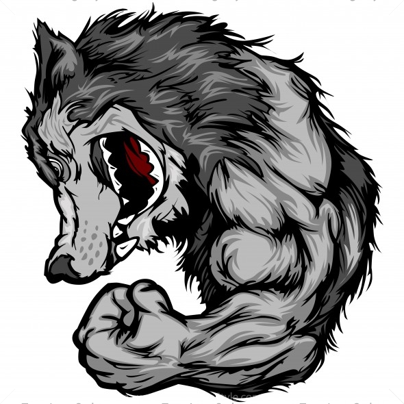 Strong Cartoon Wolf | Wolf Wrestling Clip Art | Vector Format | JPG EPS