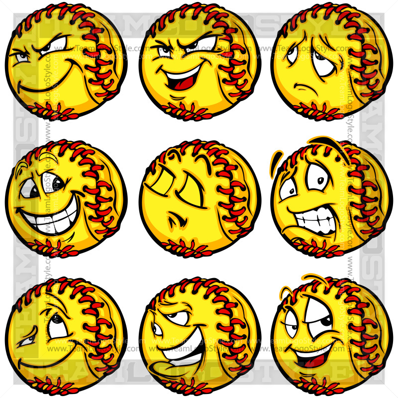 Sad Softball - Vector Clipart Softballs with Crazy Faces